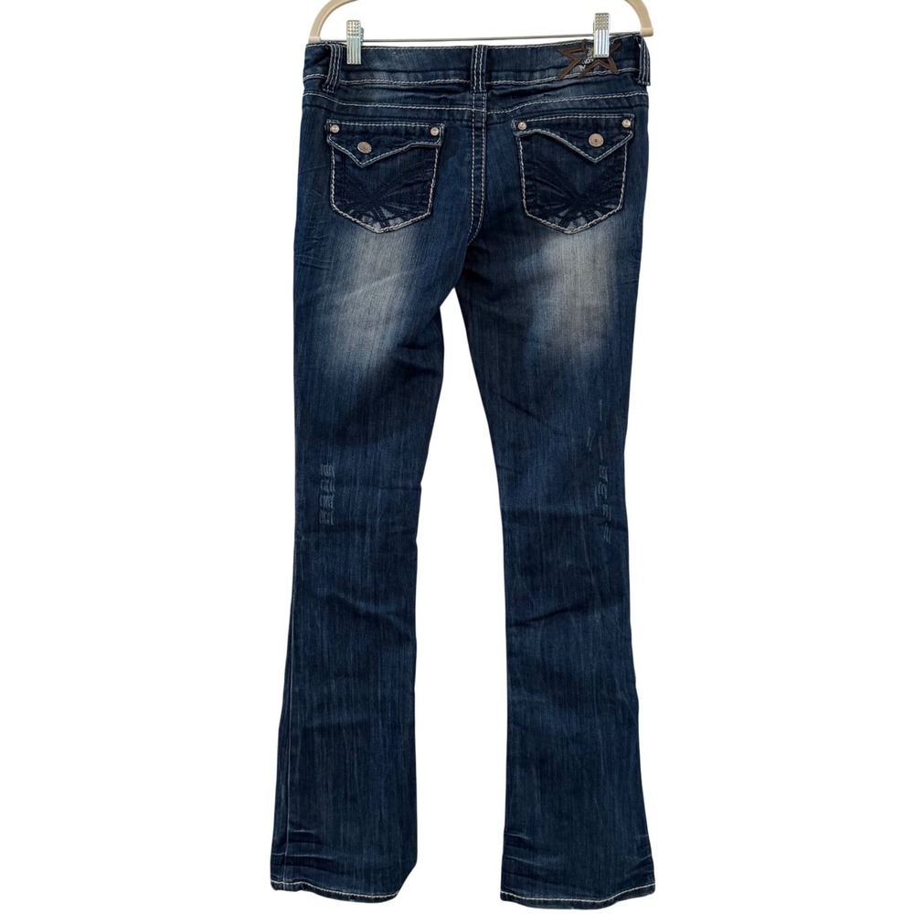 Almost Famous Womens Low Rise Bootcut Distressed Jeans Dark Wash Size 9 Y2K - Picture 2 of 13